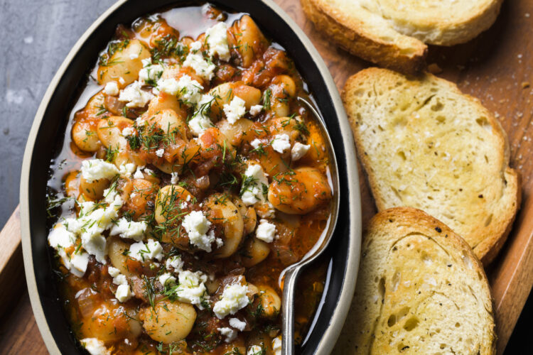 Briny feta makes a full meal of  tomatoey Greek baked beans